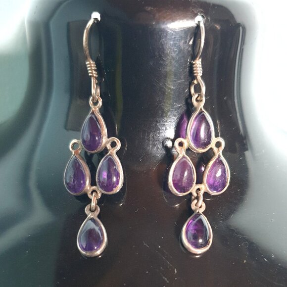 Gorgeous Vintage Victorian 8ct Natural Amethyst Cabochon Chandelier Earrings - Picture 5 of 11